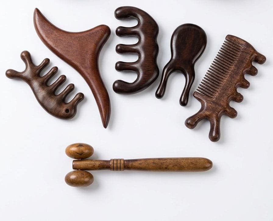 LOT DE 6 ACCESSOIRES DE MASSAGE MADEROTHERAPIE ET GUA SHA EN BOIS NATUREL