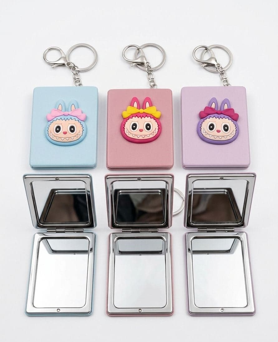 MIROIR DE POCHE RECTANGULAIRE DOUBLE PLIANT AVEC PORTE CLES LABUBU